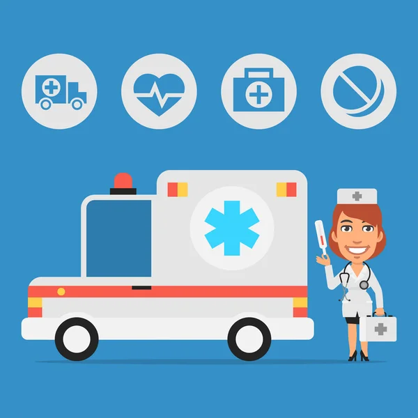 Woman Doctor and Ambulance Car — Stock Vector