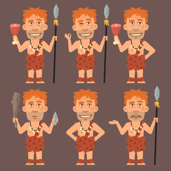 Neanderthal sostiene carne y armas — Vector de stock