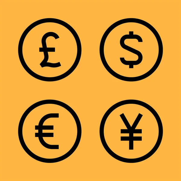 Banconote Lira Sterlina Euro Dollaro Yen Impostare Icone Vettoriali Illustrazione — Vettoriale Stock
