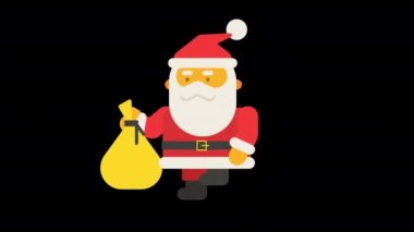 Noel Baba hediyelerle dolu çantayı tutar ve kaçar. Alfa kanalı. Döngülü animasyon. Canlandırma seti