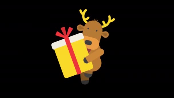 Reindeer Walking Holds Big Gift Box Alpha Channel Looped Animation — Stock Video