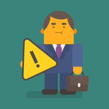 İş adamı ünlem işareti ve bavul tutuyor. Vektör karakter. Vektör illüstrasyonu