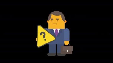 İş adamı elinde soru işareti olan bir tabela tutuyor. Alfa kanalı. Döngülü animasyon. Karakter canlandırması