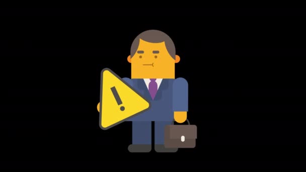 Empresario Sosteniendo Signo Exclamación Maleta Canal Alfa Animación Bucle Animación — Vídeos de Stock