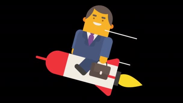 ビジネスマンはスーツケースを持ち ロケットで飛ぶ アルファチャンネル ループアニメーション キャラクターアニメーション — ストック動画