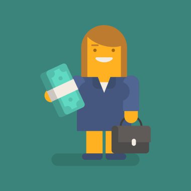 Para dolu bavul taşıyan ve gülümseyen bir iş kadını. Vektör karakter. Vektör illüstrasyonu