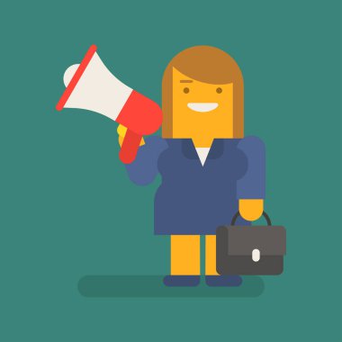 İş kadını elinde megafon bavul tutuyor ve gülümsüyor. Vektör karakter. Vektör illüstrasyonu