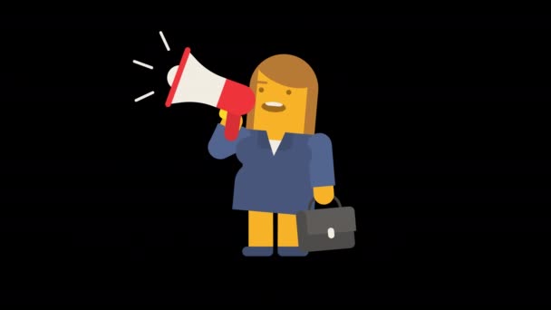 Business Woman Speaks Megaphone Holds Suitcase Alpha Channel Looped Animation — Stock Video