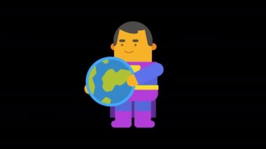 Süper kahraman dünyayı tutuyor ve gülümsüyor. Alfa kanalı. Döngülü animasyon. Karakter canlandırması