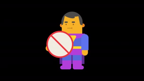 Süper Kahraman Yasak Levhasını Tutuyor Alfa Kanalı Döngülü Animasyon Karakter — Stok video