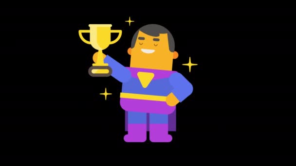 Superbohater Trzyma Złoty Kubek Uśmiecha Się Kanał Alpha Zapętlona Animacja — Wideo stockowe