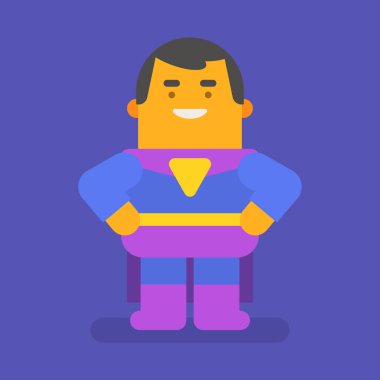 Süper kahraman ellerini belinde tutar ve gülümser. Vektör karakter. Vektör illüstrasyonu