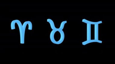 Zodyak, Koç Taurus Gemini 'yi işaret eder. Simgeler ayarlandı. Alfa kanalı. Döngülü animasyon. 3d nesnesi