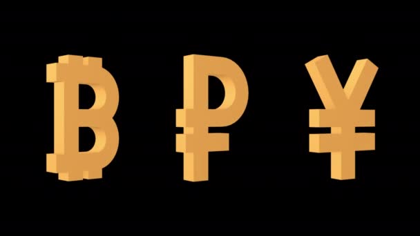 Pieniądze Symbole Bitcoin Ruble Yen Ikony Ustawione Kanał Alpha Zapętlona — Wideo stockowe