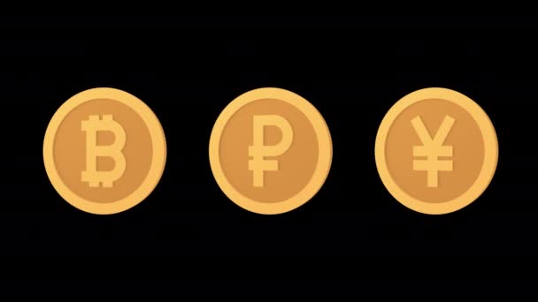 Pieniądze Symbole Monety Bitcoin Ruble Yen Ikony Ustawione Kanał Alpha — Wideo stockowe