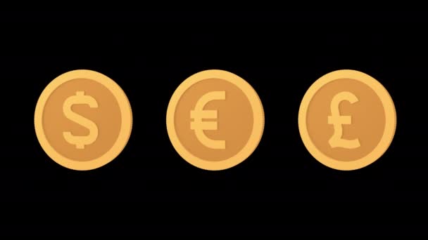通貨記号はドルユーロポンドスターリングコイン アイコンセット アルファチャンネル ループアニメーション 3Dオブジェクト — ストック動画