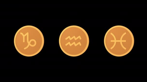 Зодіак Підписує Медальйони Capricorn Aquarius Pisces Ікони Готові Альфа Канал — стокове відео