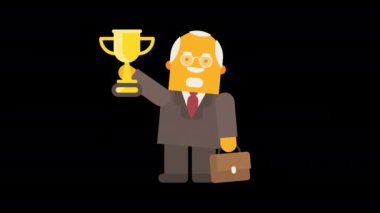 Yaşlı işadamı altın kupa tutuyor ve gülümsüyor. Alfa kanalı. Döngülü animasyon. Karakter canlandırması