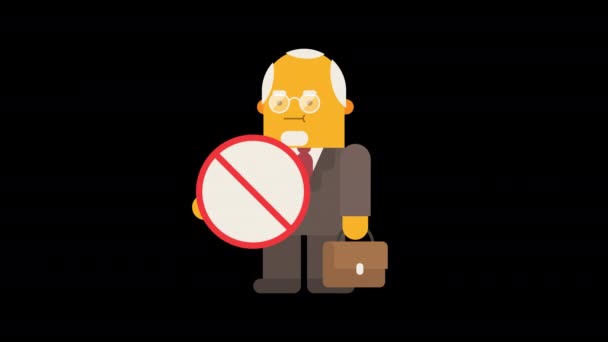 古いビジネスマンは禁止記号を保持し スーツケースを保持 アルファチャンネル ループアニメーション キャラクターアニメーション — ストック動画