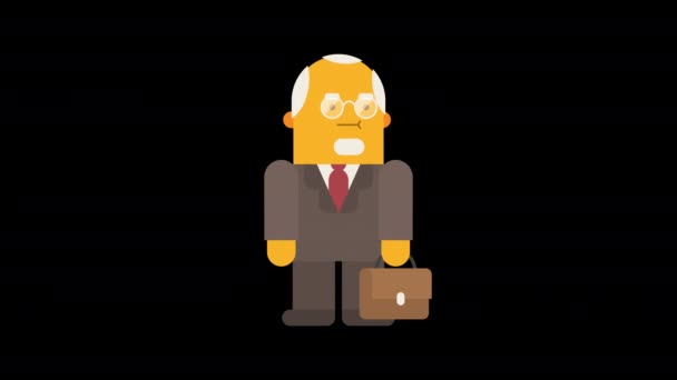 Yaşlı Işadamı Sallıyor Gülümsüyor Alfa Kanalı Döngülü Animasyon Karakter Canlandırması — Stok video