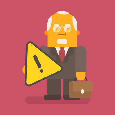 Yaşlı işadamı ünlem işareti ve bavul tutuyor. Vektör karakter. Vektör illüstrasyonu