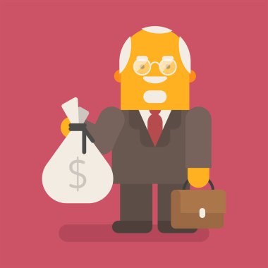 Yaşlı işadamı çanta dolusu para ve bavul tutuyor. Vektör karakter. Vektör illüstrasyonu