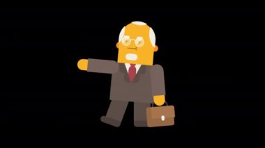 Yaşlı işadamı işaret eder ve gülümser. Alfa kanalı. Döngülü animasyon. Karakter canlandırması