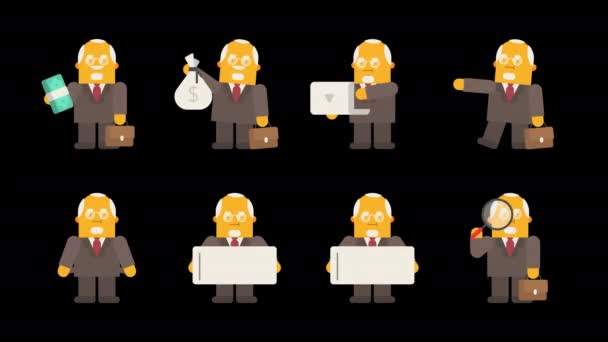 Старий Підприємець Встановив Анімацію Різних Позах Частини Альфа Канал Циклічна — стокове відео