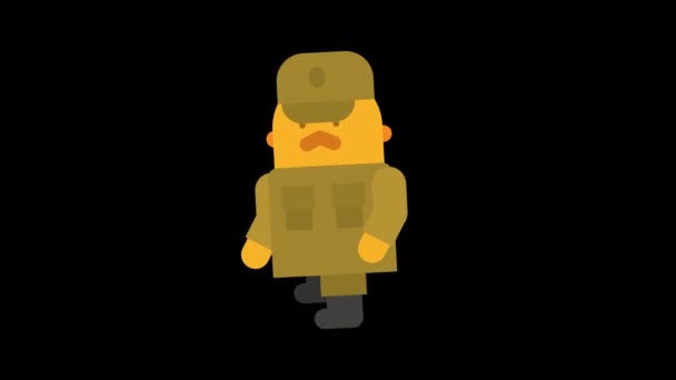 Sergeant Mustache Starts Runs Stops Alpha Channel Looped Animation Character — Stock Video