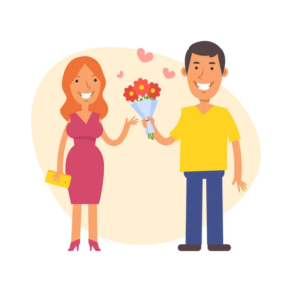 Άντρας Δίνει Στη Γυναίκα Λουλούδια Και Χαμόγελα Διανυσματικοί Χαρακτήρες Εικονογράφηση — Διανυσματικό Αρχείο