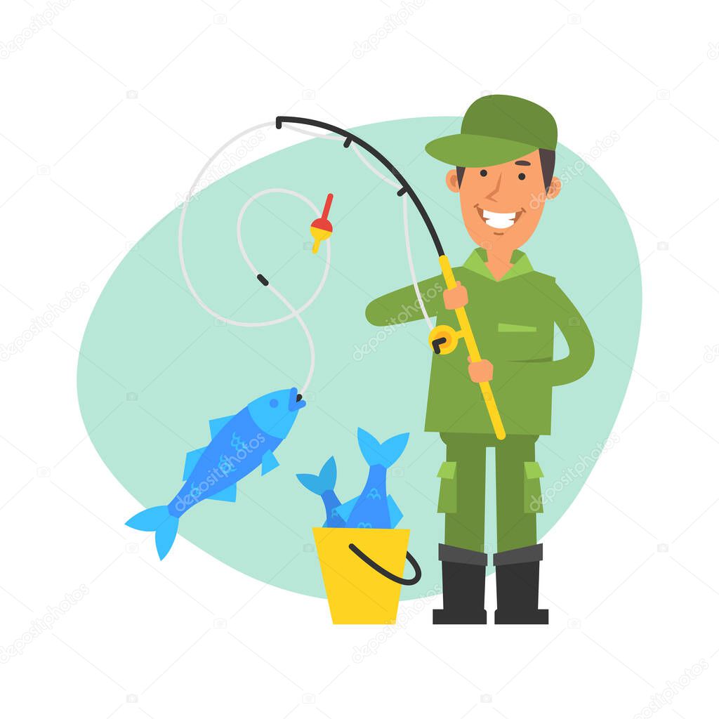 Fisherman caught big fish on fishing rod and smiles. Vector characters. Vector Illustration