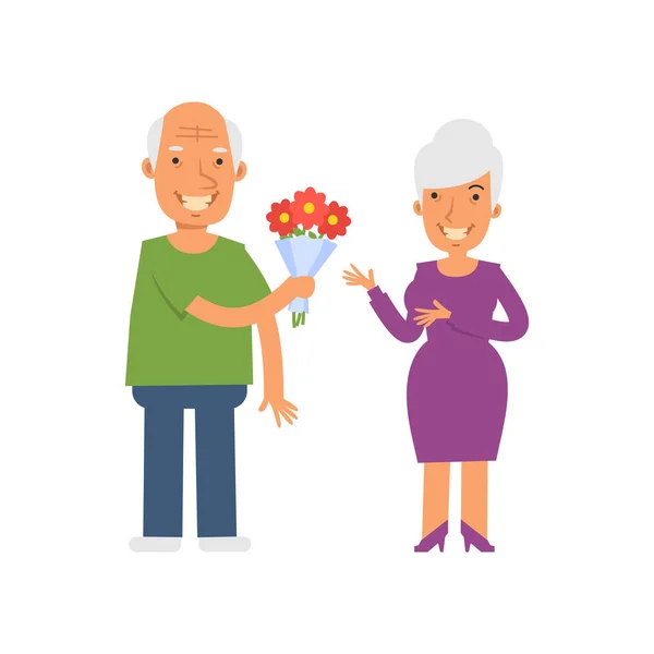 Γέρος Δίνει Λουλούδια Μια Γριά Διανυσματικοί Χαρακτήρες Εικονογράφηση Διανύσματος — Διανυσματικό Αρχείο