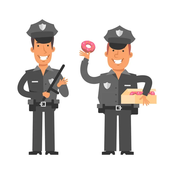 Thin Policeman Holding Police Baton Fat Policeman Holding Donut Vector — Stock Vector