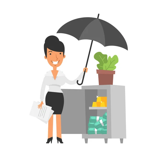 Young Business Woman Holding Umbrella Smiling Safe Gold Money Vector — Stock Vector