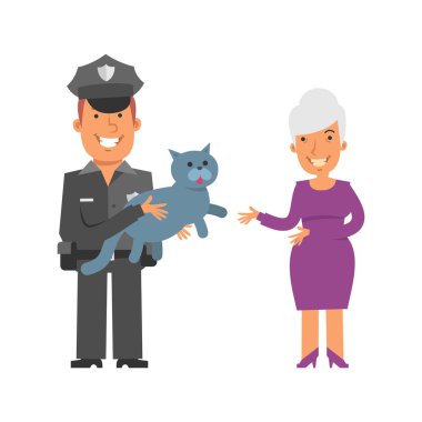 Polis kedi tutuyor ve gülümsüyor. Yaşlı kadın ayakta duruyor ve gülümsüyor. Vektör karakterler. Vektör illüstrasyonu