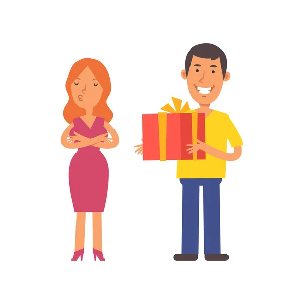 Girl Offended Men Holding Gift Box Smiling Vector Characters Vector — Stock Vector