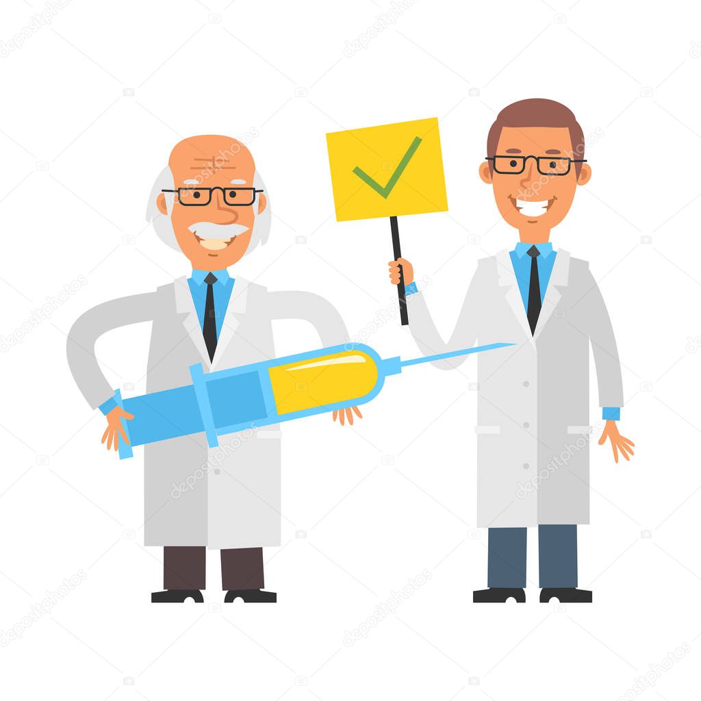 Old scientist holding syringe and smiling. Young scientist holding sign with check mark and smiling. Vector characters. Vector illustration