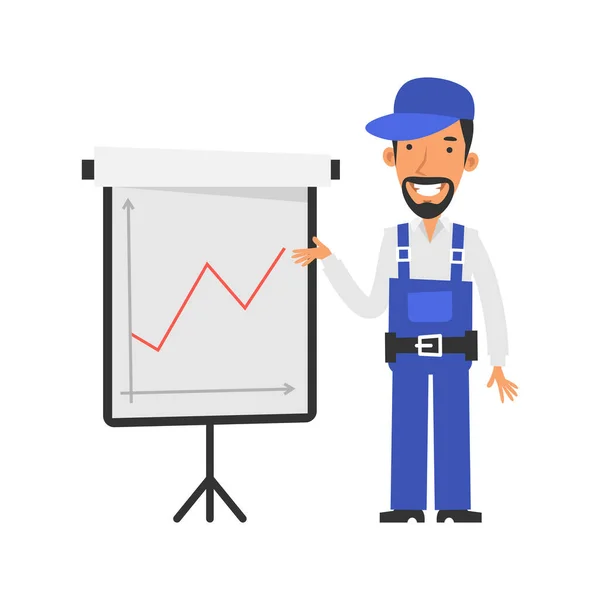 Geschäftsdiagramm Mit Positivem Indikator Reparaturmann Zeigt Auf Flipchart Und Lächelt — Stockvektor