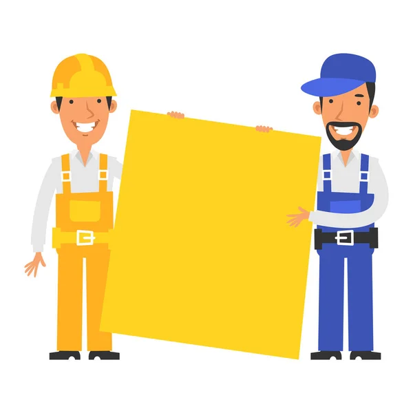 Builder Repairman Hold Large Blank Sign Vector Characters Vector Illustration — Stock Vector