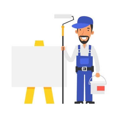 Repairman stands near blank sign and holds paint roller and bucket paint and smiling. Vector characters. Vector Illustration