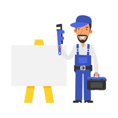 Repairman stands near blank sign and holds pipe wrench and smiling. Vector characters. Vector Illustration