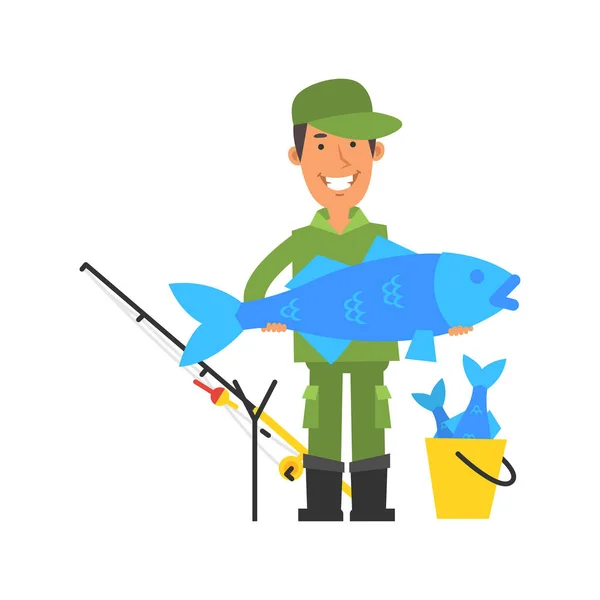 Happy Fisherman Holding Big Fish Smiling Vector Characters Vector Illustration — Stok Vektör