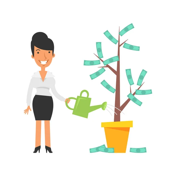 Money Tree Business Woman Holding Watering Can Smiling Vector Characters — Stok Vektör