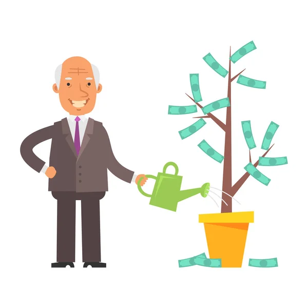 Money Tree Old Businessman Holding Watering Can Smiling Vector Characters — Stok Vektör