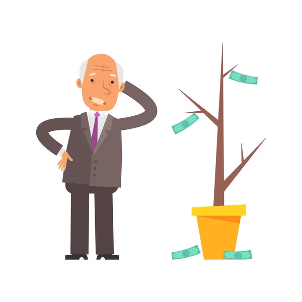 Money Tree Old Businessman Puzzled Upset Vector Characters Vector Illustration — Stok Vektör