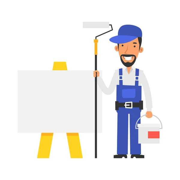 Repairman Stands Blank Sign Holds Paint Roller Bucket Paint Smiling — Stock vektor