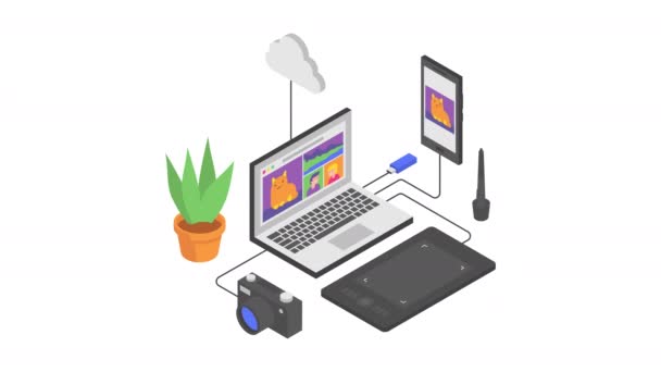 Laptop Smartphone Γραφική Ταμπλέτα Flash Drive Cloud Animation Ένα Σύνθεση — Αρχείο Βίντεο