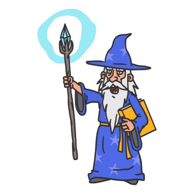 Gri sakallı yaşlı büyücü asayı ve kitabı tutuyor ve büyü yapıyor. Vektör İllüstrasyonu