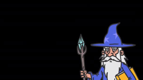 灰色の髭を生やした老練な魔術師が突然画面に現れ 魔法の杖を持つ アルファチャンネル フレームアニメーションによるフレーム ループアニメーション — ストック動画