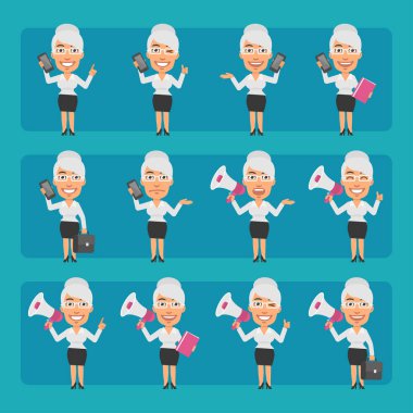 Farklı pozlar ve duygular içinde yaşlı bir iş kadını. Büyük karakter seti. Vektör karakteri